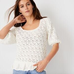 Ann Taylor Ivory Pointelle Square Neck Puff Sleeve Sweater with Ruffle